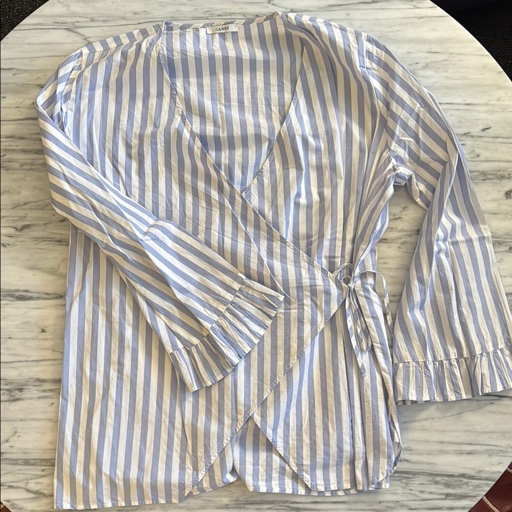 Ganni Blue and White Striped Wrap Blouse - Picture 2 of 8